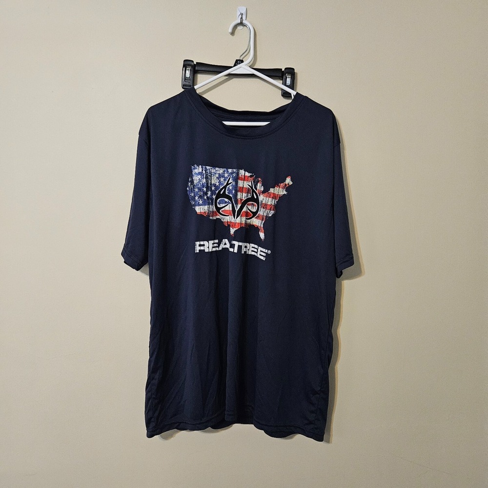 NEW Men's XL Realtree Graphic (American Flag, antlers) T-Shirt Blue 100% POLYEST